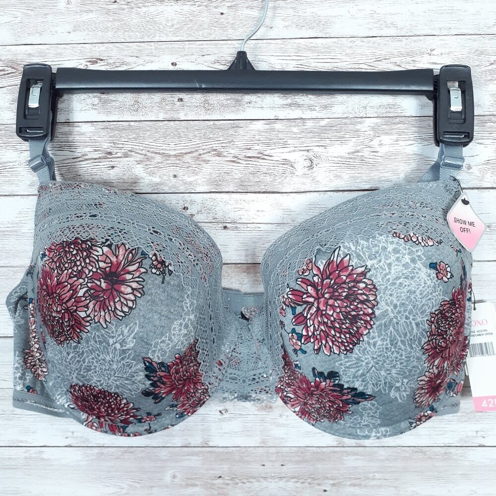 XOXO Womens Padded Push Up Bra 42D Gray Pink Floral Lace Edge 927